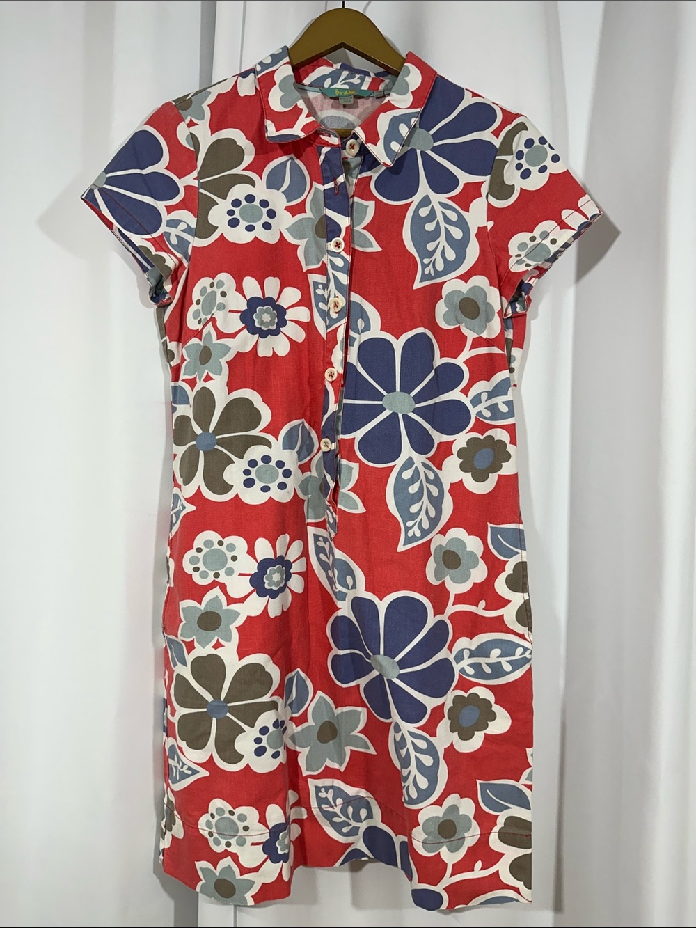 Boden Floral Shirt Dress Size 8R Retro Mod Cotton Red Blue Button Front Summer